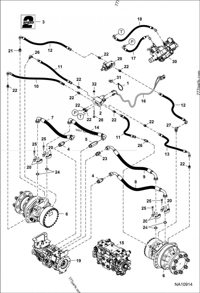 Hydrostatic Circuitry (2-Speed Motor) (S/N B2KZ12001 - B2KZ13299