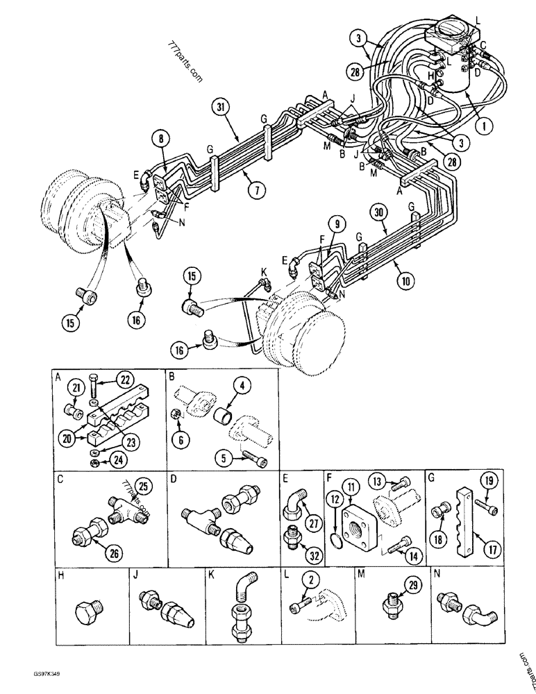 Part diagram TRACK DRIVE, DRIVE RANGE AND BRAKE HYDRAULIC LINES - CRAWLER EXCAVATORS Case 170C (CASE CRAWLER EXCAVATOR (1/90-12/91)) | 777parts.com