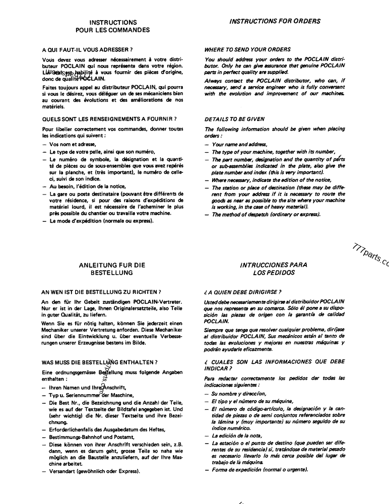 Part diagram INSTRUCTIONS FOR ORDERS - CRAWLER EXCAVATORS Case 220 (POCLAIN CRAWLER EXCAVATOR (1/88-12/92)) | 777parts.com