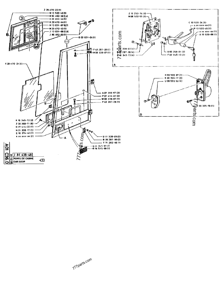 Part diagram CAB DOOR - CRAWLER EXCAVATORS Case 170B (CASE CRAWLER EXCAVATOR (S/N 1501-) (S/N 12501-) (EUROPE) (2/87-12/89)) | 777parts.com