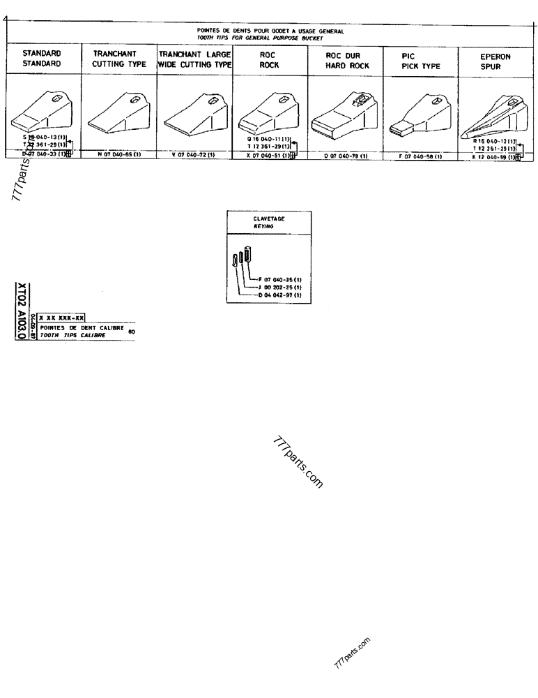 Part diagram TOOTH TIPS CALIBRE 60, TOOTH TIPS FOR GENERAL PURPOSE BUCKET - CRAWLER EXCAVATORS Case 170B (CASE CRAWLER EXCAVATOR (S/N 1501-) (S/N 12501-) (EUROPE) (2/87-12/89)) | 777parts.com