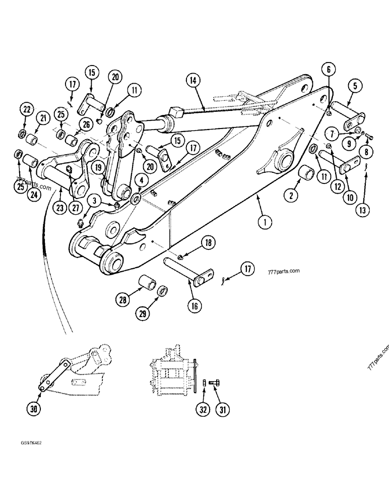 Part diagram ARM, LINKS AND MOUNTING PINS, WITH 2.5 METER (8 ' 3 ") ARM, P.I.N. 74629 - 74662, P.I.N. 02301 & AFT - CRAWLER EXCAVATORS Case 170C (CASE CRAWLER EXCAVATOR (1/90-12/91)) | 777parts.com