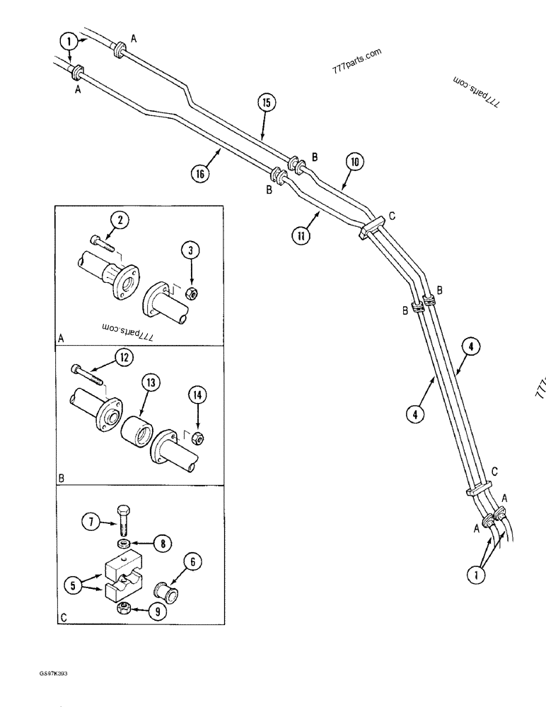 Part diagram HYDRAULIC CIRCUIT FOR OPTIONS, TUBES AT BOOM - CRAWLER EXCAVATORS Case 170C (CASE CRAWLER EXCAVATOR (1/90-12/91)) | 777parts.com