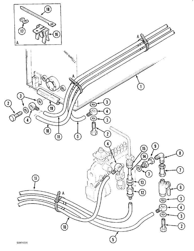 Part diagram FUEL LINES AND FITTINGS, PRIOR TO P.I.N. 74502 - CRAWLER EXCAVATORS Case 170C (CASE CRAWLER EXCAVATOR (1/90-12/91)) | 777parts.com