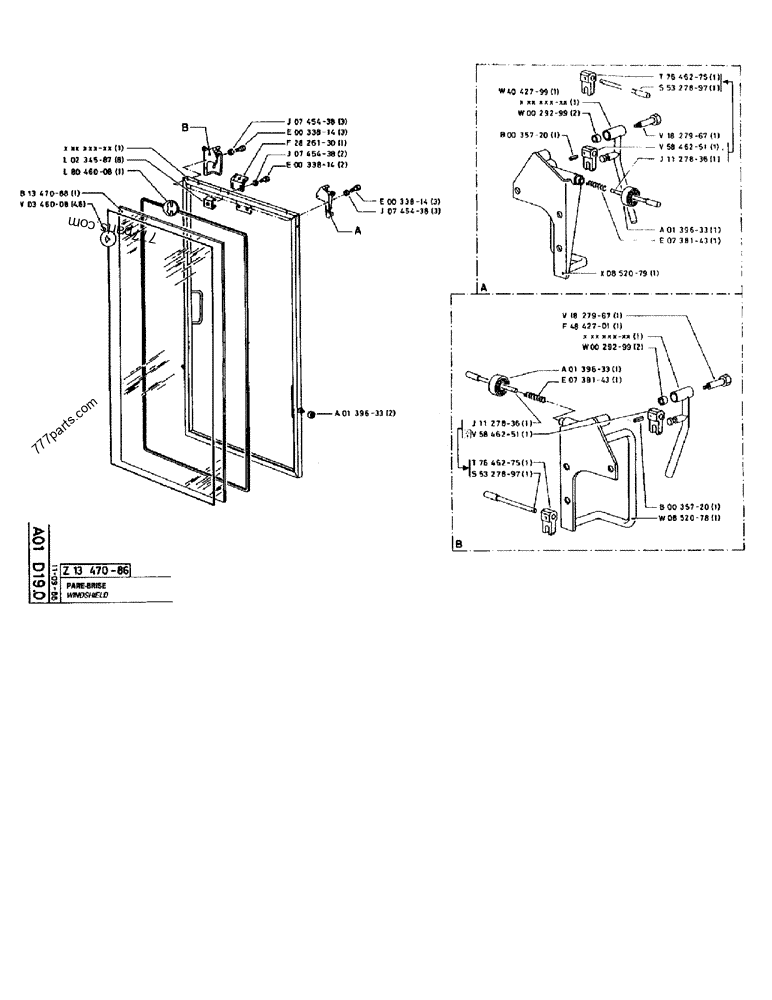 Part diagram WINDSHIELD - CRAWLER EXCAVATORS Case 170B (CASE CRAWLER EXCAVATOR (S/N 1501-) (S/N 12501-) (EUROPE) (2/87-12/89)) | 777parts.com