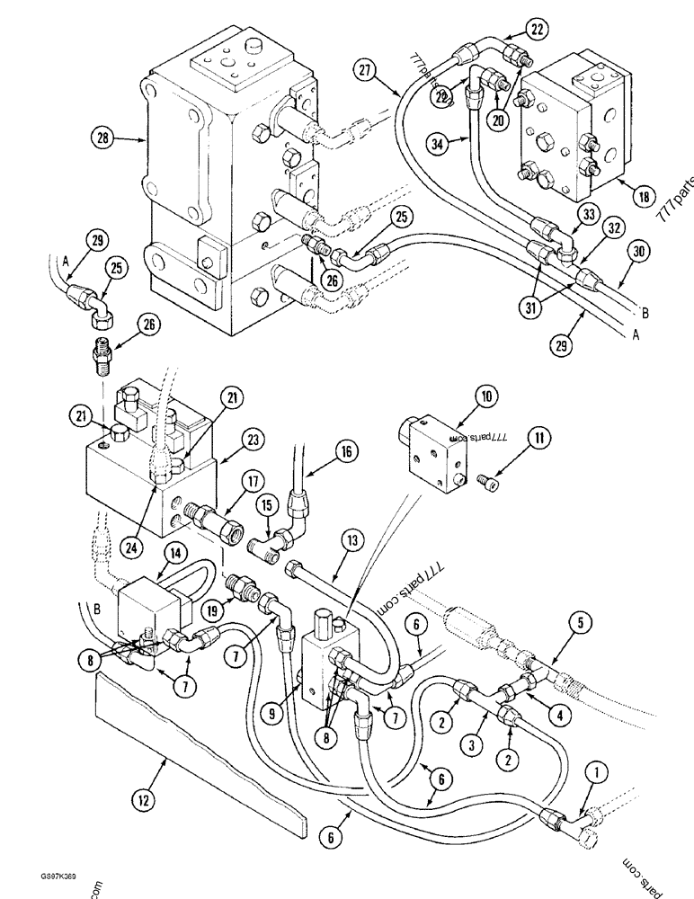 Part diagram HYDRAULIC CONTROL CIRCUIT, FOR SOLENOID CONTROL VALVES - CRAWLER EXCAVATORS Case 170C (CASE CRAWLER EXCAVATOR (1/90-12/91)) | 777parts.com