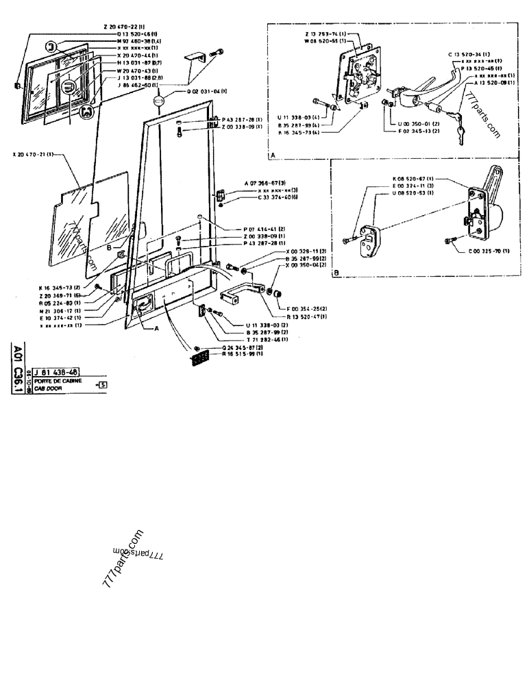 Part diagram CAB DOOR - CRAWLER EXCAVATORS Case 170B (CASE CRAWLER EXCAVATOR (S/N 1501-) (S/N 12501-) (EUROPE) (2/87-12/89)) | 777parts.com