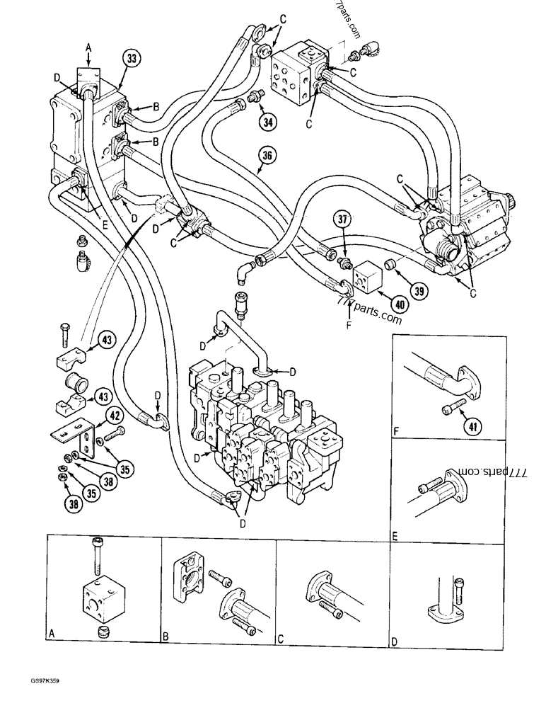 Part diagram HYDRAULIC PUMP LINES, HYDRAULIC PUMP TO MAIN CONTROL VALVES - CRAWLER EXCAVATORS Case 170C (CASE CRAWLER EXCAVATOR (1/90-12/91)) | 777parts.com