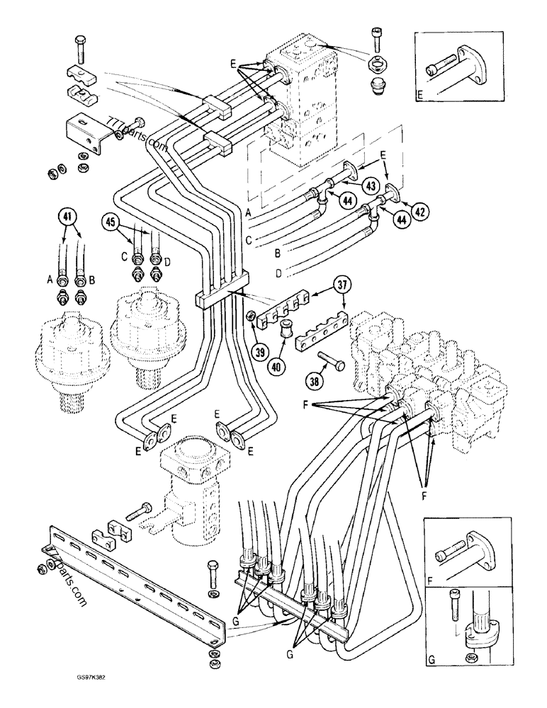 Part diagram HYDRLC CIRCT FROM MAIN CONTRL VLVS,TO SWIVL,SWING MOTORS & CYLINDERS,PIN 74644-74662,PIN 02301 & AFT - CRAWLER EXCAVATORS Case 170C (CASE CRAWLER EXCAVATOR (1/90-12/91)) | 777parts.com