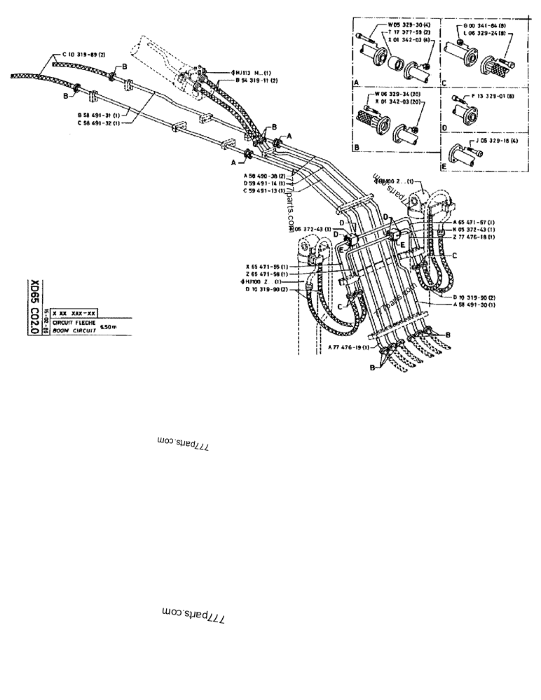 Part diagram BOOM CIRCUIT 6,50M - CRAWLER EXCAVATORS Case 170B (CASE CRAWLER EXCAVATOR (S/N 1501-) (S/N 12501-) (EUROPE) (2/87-12/89)) | 777parts.com