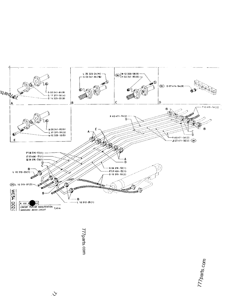 Part diagram HANDLING BOOM CIRCUIT 5,40M - CRAWLER EXCAVATORS Case 170B (CASE/POCLAIN EXCAVATOR - REHANDLING ATTACHMENT (1/85-12/89)) | 777parts.com
