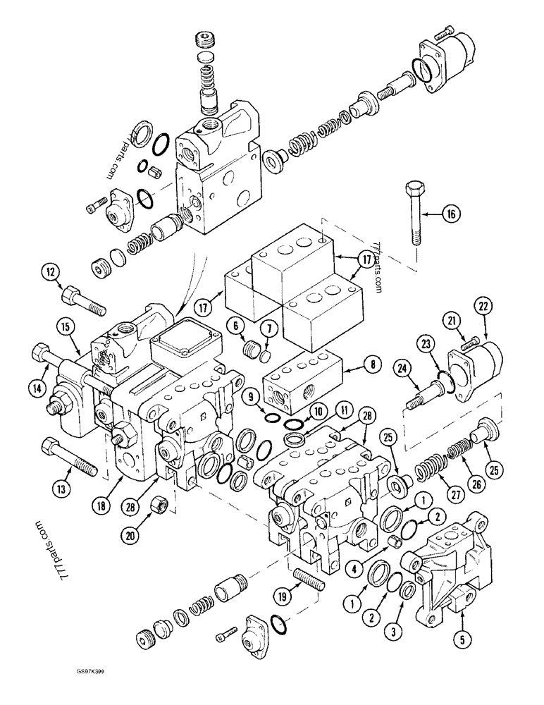 Part diagram ATTACHMENT CONTROL VALVE, BOOM, ARM, TOOL AND PARALLEL ARM SECTION - CRAWLER EXCAVATORS Case 170C (CASE CRAWLER EXCAVATOR (1/90-12/91)) | 777parts.com