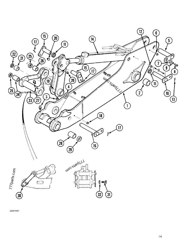 Part diagram ARM, LINKS AND MOUNTING PINS, WITH 2.5 METER (8 ' 3 ") ARM, P.I.N. 74501 THRU 74628 - CRAWLER EXCAVATORS Case 170C (CASE CRAWLER EXCAVATOR (1/90-12/91)) | 777parts.com