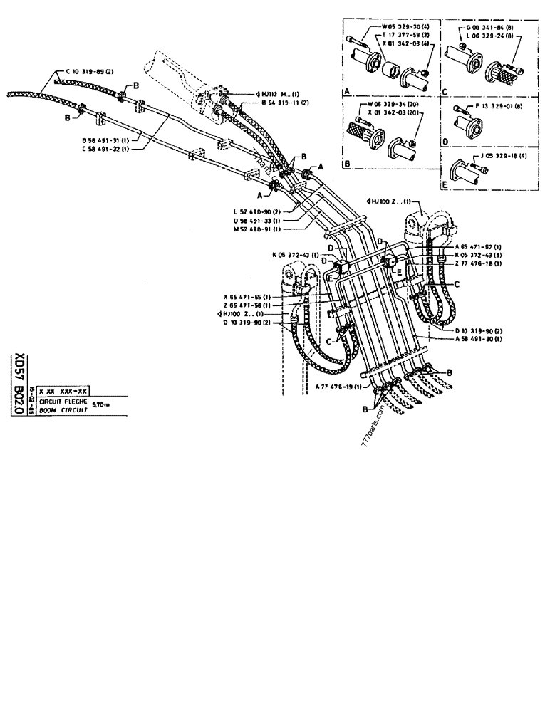 Part diagram BOOM CIRCUIT 5,70M - CRAWLER EXCAVATORS Case 170B (CASE CRAWLER EXCAVATOR (S/N 1501-) (S/N 12501-) (EUROPE) (2/87-12/89)) | 777parts.com