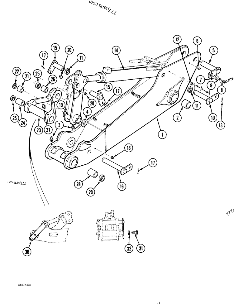 Part diagram ARM, LINKS AND MOUNTING PINS, WITH 3.2 METER (10 ' 6 ") ARM, P.I.N. 74501 THRU 74628 - CRAWLER EXCAVATORS Case 170C (CASE CRAWLER EXCAVATOR (1/90-12/91)) | 777parts.com