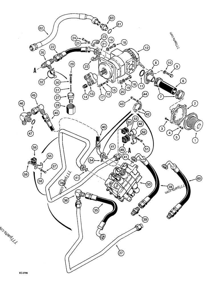 EQUIPMENT HYD. SYSTEM, RESERVOIR TO LOADER CONTROL VALVE AND LOADER ...