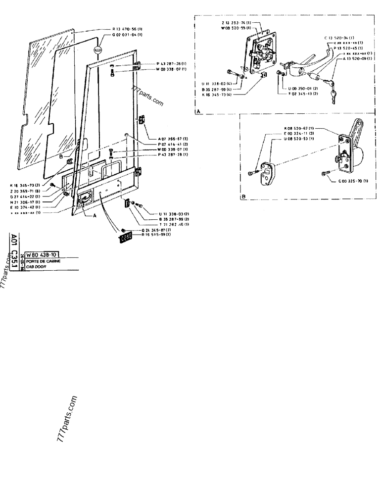 Part diagram CAB DOOR - CRAWLER EXCAVATORS Case 170B (CASE CRAWLER EXCAVATOR (S/N 1501-) (S/N 12501-) (EUROPE) (2/87-12/89)) | 777parts.com