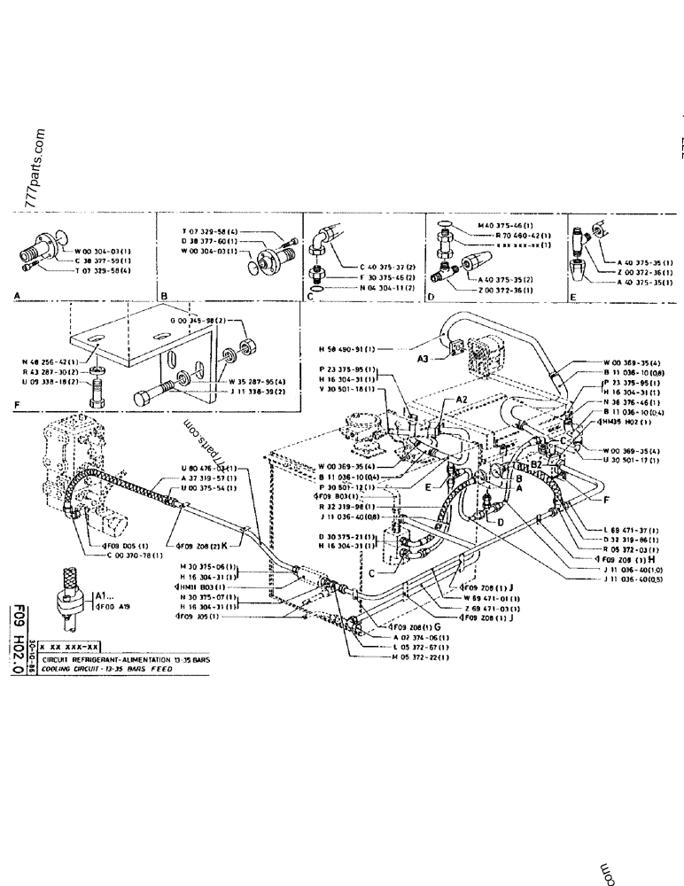 Part diagram COOLING CIRCUIT - 13-35 BARS FEED - CRAWLER EXCAVATORS Case 170 (POCLAIN CRAWLER EXCAVATOR (S/N 12341 TO 12492) (5/85-12/92)) | 777parts.com