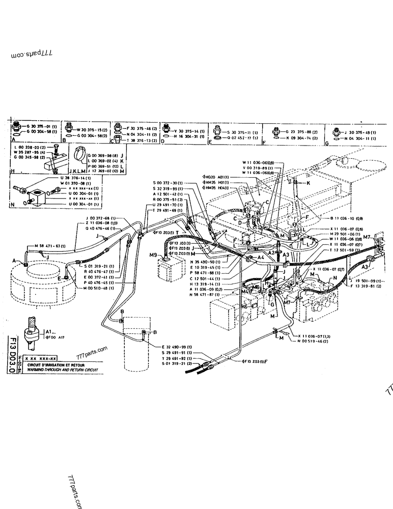 Part diagram WARMING THROUGH AND RETURN CIRCUIT - CRAWLER EXCAVATORS Case 220 (POCLAIN CRAWLER EXCAVATOR (1/88-12/92)) | 777parts.com
