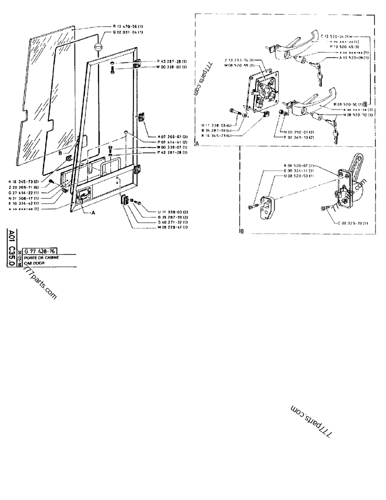 Part diagram CAB DOOR - CRAWLER EXCAVATORS Case 170B (CASE CRAWLER EXCAVATOR (S/N 1501-) (S/N 12501-) (EUROPE) (2/87-12/89)) | 777parts.com