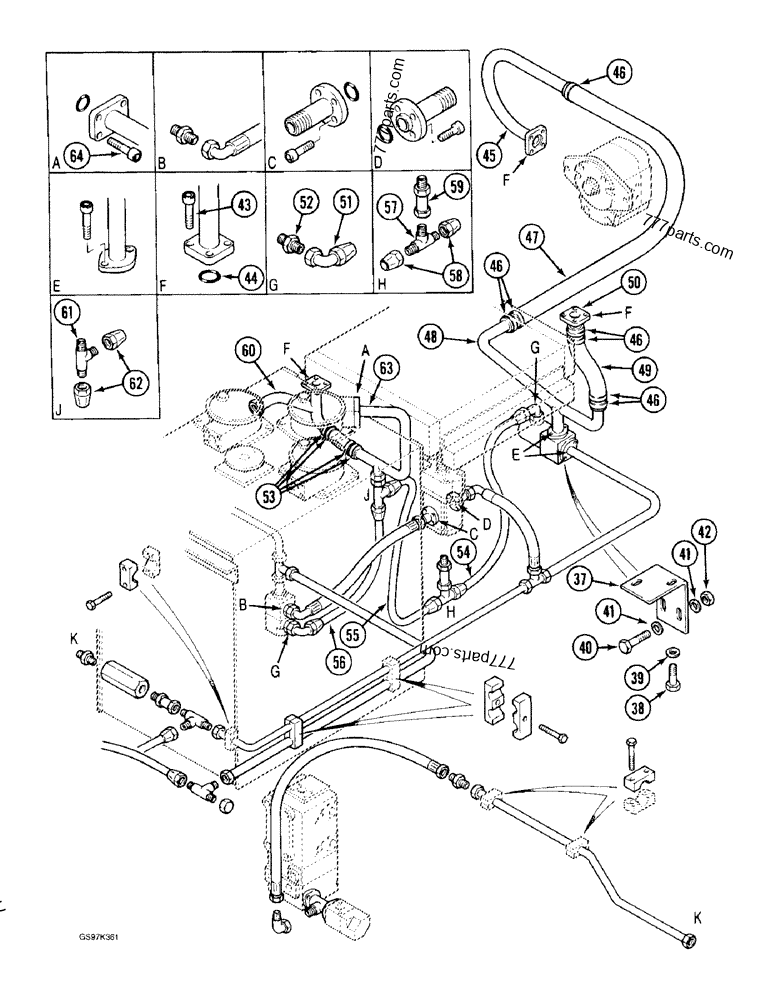 Part diagram HYDRAULIC CIRCUIT RETURN LINES, TO OIL COOLER AND FAN MOTOR - CRAWLER EXCAVATORS Case 170C (CASE CRAWLER EXCAVATOR (1/90-12/91)) | 777parts.com