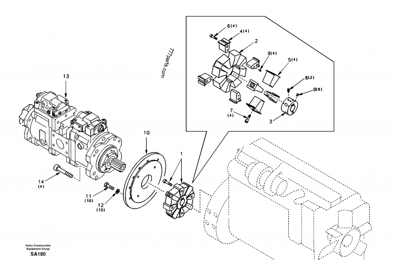 Pump gearbox with assembling parts Excavators Volvo EC210
