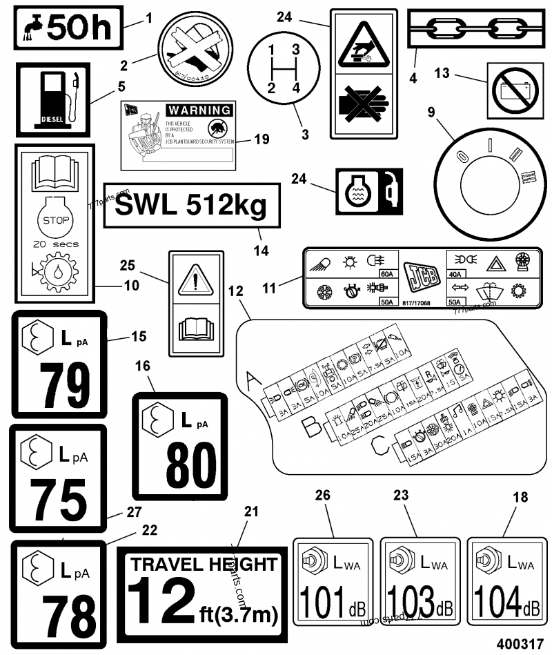 817/17698 Decal, gearlever knob, 4 speed - 81717698 - JCB